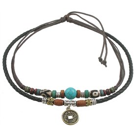 Ancient Tribe Collier ras du cou ajustable en cuir de chanvre avec perle turquoise pour femme