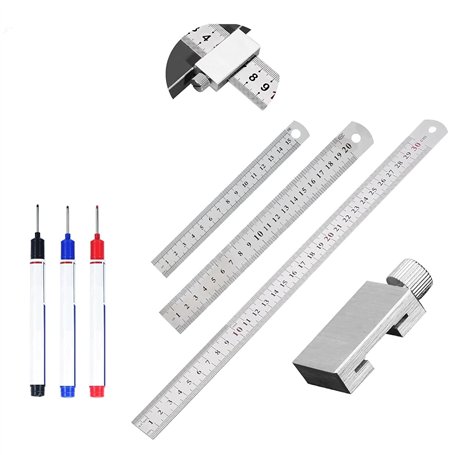 Règle en acier inoxydable avec butée en métal avec 2 règles en acier graduées double face et 3 marqueurs pour le travail du bois
