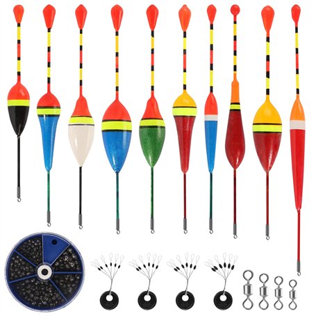 Lot de 205 flotteurs de pêche au plomb - 10 poses - 4 butoirs en caoutchouc - 4 émerillons - Pour différentes tailles de poisson