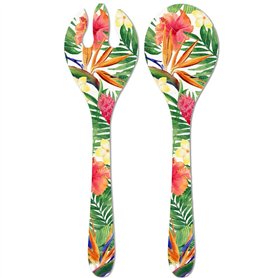 Les Jardins de la Comtesse - Couverts à Salade de Service en Mélamine Pure - Fleurs Exotiques - 33 cm – Rouge/Vert - Couverts de