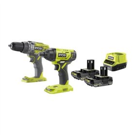 Pack 2 outils - RYOBI - Perceuse-visseuse a percussion 2 vitesses + 1 visseuse a chocs - 2 batteries - Chargeur