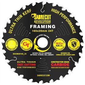 1 x SCCSN20165_24 SabreCut 165mm 24T x 20mm Alésage Haute Performance Ultra Mince Kerf Bois Contreplaqué MDF Aggloméré Cadrage L