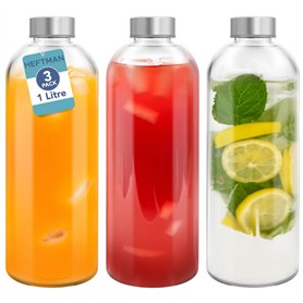 HEFTMAN Lot de 3 Bouteille Verre 1L - Bouteille en Verre 1 Litre avec Couvercles Hermétiques et Brosse de Nettoyage - Bouteilles