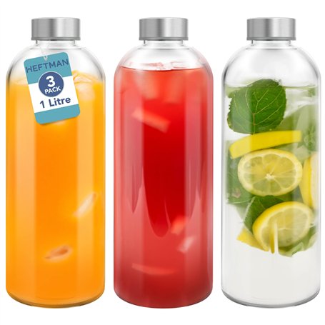 HEFTMAN Lot de 3 Bouteille Verre 1L - Bouteille en Verre 1 Litre avec Couvercles Hermétiques et Brosse de Nettoyage - Bouteilles