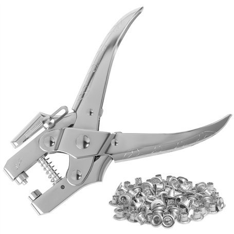 Kurtzy Pince a Oeillet avec 100 Oeillets Argentés - Outil 16 cm pour Ceinture Cuir avec Oeillets Métal 7