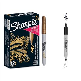 Sharpie Lot de 12 marqueurs permanents métallisés | Doré | Pointe fine | 1 pointe double noire