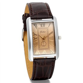JewelryWe Montre Quartz Rétro Rectangulaire Romain Chiffre Cadran Bracelet Cuir Alliage Homme Couple Amour Brun