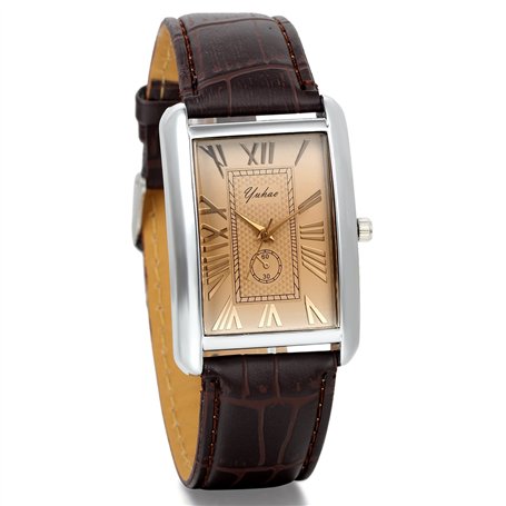 JewelryWe Montre Quartz Rétro Rectangulaire Romain Chiffre Cadran Bracelet Cuir Alliage Homme Couple Amour Brun