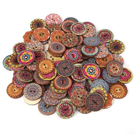 Nikou Boutons en bois - 100 pièces de 25 mm mixte Motif aléatoire Boutons vintage en bois avec 2 trous for le bricolage à coudre