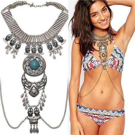 Amorar Dames Collier Corps Chaîne Bohème Clavicule Chaîne Rétro Chaîne Corps Bikini Bijoux Poitrine Chaîne Taille Chaîne Soutien