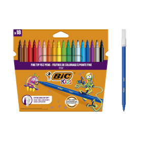 BIC Kids Visa Feutres de Coloriage à Pointe Fine, Lavables, Encre à base d'eau - Couleurs Assorties, Etui Carton de 18