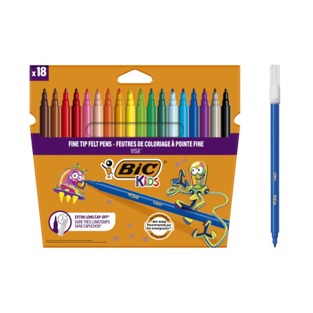 BIC Kids Visa Feutres de Coloriage à Pointe Fine, Lavables, Encre à base d'eau - Couleurs Assorties, Etui Carton de 18