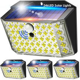 COOLNIGHT Lampe Solaire Exterieur Detecteur de Mouvement, 246LED (Lenticulaire&Plus Lumineux)+320° Lumiere Solaire Exterieur, 3 