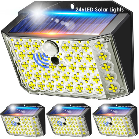 COOLNIGHT Lampe Solaire Exterieur Detecteur de Mouvement, 246LED (Lenticulaire&Plus Lumineux)+320° Lumiere Solaire Exterieur, 3 