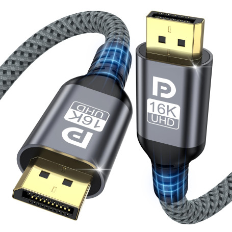 TEFLOTY 16K Câble DisplayPort 2.1, Cable DisplayPort 80Gbps Supporte 16K@60Hz, 8K@120Hz, 4K@240Hz, Cable DP Display Port pour Mo