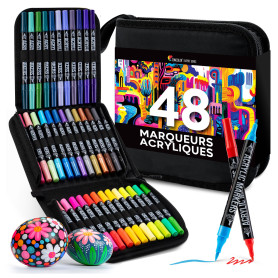 Zenacolor Feutre Acrylique à Double Pointe (Pointes Fines et Pinceau) - 48 Couleurs Uniques de Marqueur Acrylique pour Diverses 