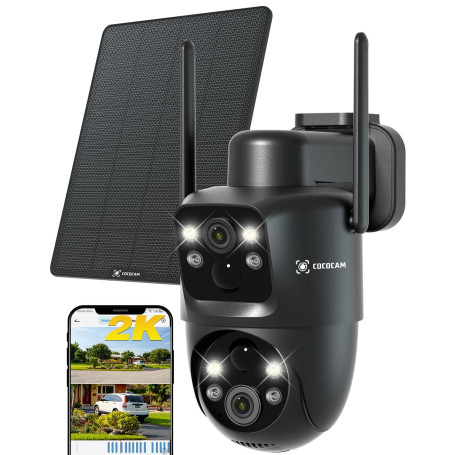 COCOCAM 2K Double Objectif Camera Surveillance WiFi Exterieure sans Fil, 6W Panneau Solaire, Batterie 10000mAh, Double PIR & Dét