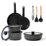 BOREINE Batterie de cuisine, Set induction casserole et poêle tout feux avec couvercle, Lot poêle avec poignée amovible, Revêtem