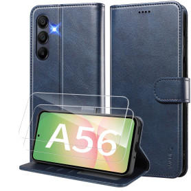WAURZ Coque pour Samsung Galaxy A56 5G Etui Coque avec 2 Verre Trempé Porte Carte Clapet à Rabat Portefeuille Cuir Case Housse P
