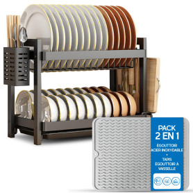 Shernax Egoutoire Vaisselle Cuisine en Acier Inoxydable avec Tapis egouttoir Vaisselle, egouttoir Vaisselle à 2 Niveaux avec bac