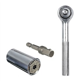 Clé Nuzamas - Clé à cliquet multifonctionnelle et auto-ajustable avec adaptateur perceuse et douille universelle - 7 à 19 cm - K
