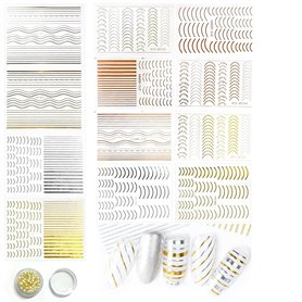 12 feuilles 3D autocollants d'art d'ongle auto-adhésifs or argent courbe bande ligne décalque d'ongle perle boule en acier décor