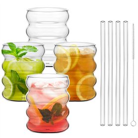 DTYGUIXE 4PCS Tasse à Café en Verre Verres à Boissons Ondulés Verre à Cocktail Verres à Boire Nervurés Tasse en Verre à Rayures