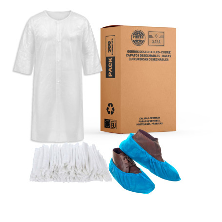 XARA 100 charlottes jetables réglables + 100 surchaussures imperméables + 100 blouses jetables en polyéthylène – Pack hypoallerg