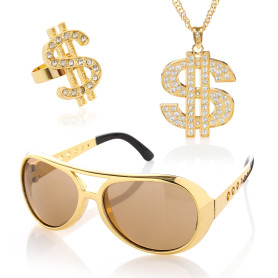 KarneLux Dollar Accessoires Lot de 3 – Années 80 – Accessoires hip hop gangster pour homme – Lunettes