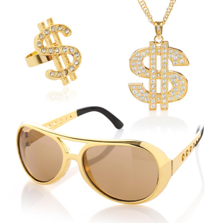 KarneLux Dollar Accessoires Lot de 3 – Années 80 – Accessoires hip hop gangster pour homme – Lunettes