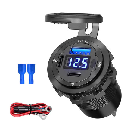 Prise USB 5 en 1 12 V - Chargeur de voiture avec interrupteur ON/OFF - Voltmètre LED - Double PD et port USB - Pour camping-car