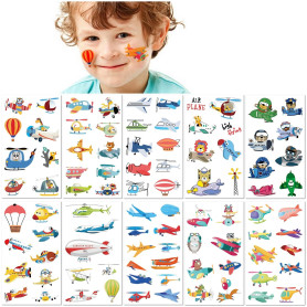 10 Feuilles Tatouages Temporaires Avion pour Enfants Autocollants Cartoon Amusants Garçons Filles Autocollants Faux Tatouages Mi
