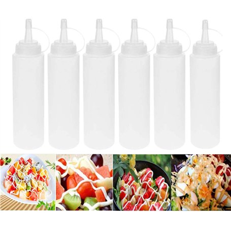 Lot de 6 bouteilles en plastique Squeeze Sauce à condiments Distributeur avec ensemble de Cap