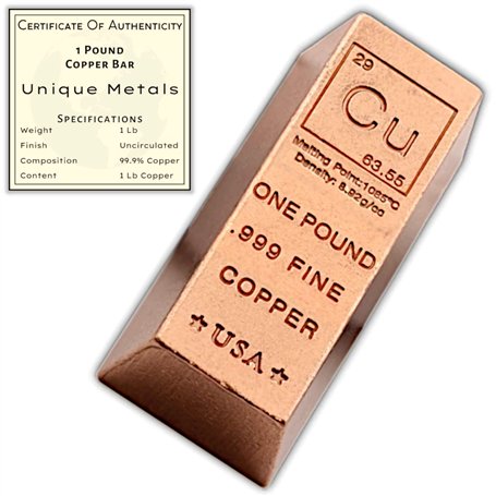 Unique Metals Presse-papier en forme de lingot en cuivre 999 avec certificat d'authenticité