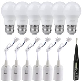 Sporgo Kit d'éclairage E27 : 6 douilles et 6 ampoules LED 5W 6500K blanc froid - Douille E27 avec câble et testeur de tension -