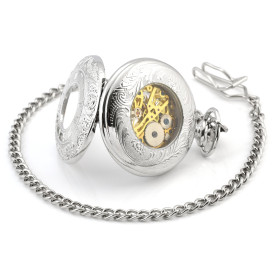 Infinite U Double Affichage de l'Heure Squelette Creux Acier Main-Vent Montre de Poche Mécanique Argent