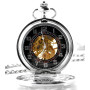 Infinite U Double Affichage de l'Heure Squelette Creux Acier Main-Vent Montre de Poche Mécanique Argent