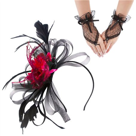 UOPJDD 1 Morceau De Bande De Cheveux En Plumes De Fleur Et 1 Paire De S Noirs