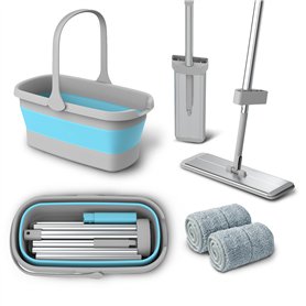 KENSHIRE Balai plat en aluminium de 400 mm de qualité supérieure avec seau pliable et 2 serpillères réutilisables en microfibre