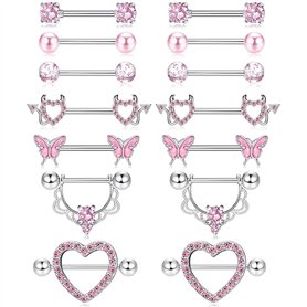 XFSRG Kit Piercings 7 Paires de Piercing Tétons Femme en Acier Chirurgical 14G et Piercing Langue avec Zirconia Rose Papillon Cœ