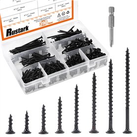 Rustark 390 pièces #7 Vis à bois à filetage épais pour cloison sèche avec clé Phillips Noir Oxyde Finsh Finsh Kit d'assortiment