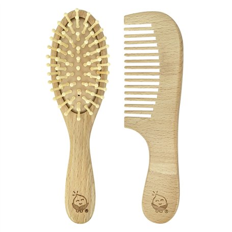 Green Sprouts Brosse d'apprentissage + peigne | Brosse d'apprentissage super douce pour les cheveux épais ou bouclés | Bois natu