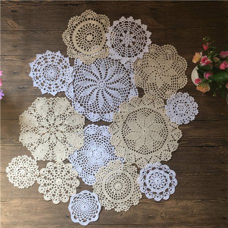 MINDPLUS Lot de 14 Napperons en Crochet à la Main Napperons en Dentelle au Crochet en Coton Napperon de Table 10 à 25 cm Rond Bl
