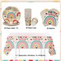 Doyomtoy Vaisselle de fête Boho Arc-en-ciel,61Pcs Vaisselle d'anniversaire Assiettes Aarc-en-ciel Gobelets en Papier Serviettes 