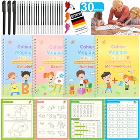 EITEYI 30PCS Cahier Ecriture Magique Français Kit-Livre Cahier Calligraphie Enfant Réutilisé-Cahier Magique Écriture avec 4 Manu