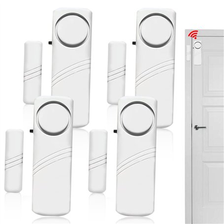 WIYETY Lot de 4 mini alarmes autocollantes pour fenêtre et porte avec capteur magnétique sans fil 90 dB - Système d'alarme de sé