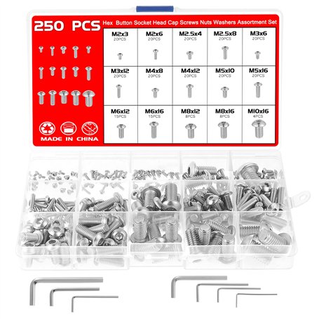 Faankiton 250 pièces M2-M10 Acier Inoxydable Bouton à Tête Hexagonale Socket Câble Boulons Vis Assortiment