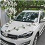 Décoration de Voiture de Mariage Blanche, Kit Complet avec 2 Bandes de Tulle (160 cm) et 11 Fleurs Artificielles avec Ventouses 