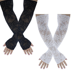 SZYLJSY Lot de 2 gants longs sans doigts en dentelle pour femme - Longueur du coude - Motif floral - Pour mariage - Pour les ann
