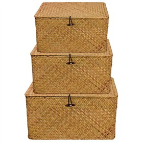 PINGEUI Lot de 3 paniers de rangement en jonc de mer avec couvercle et bouton